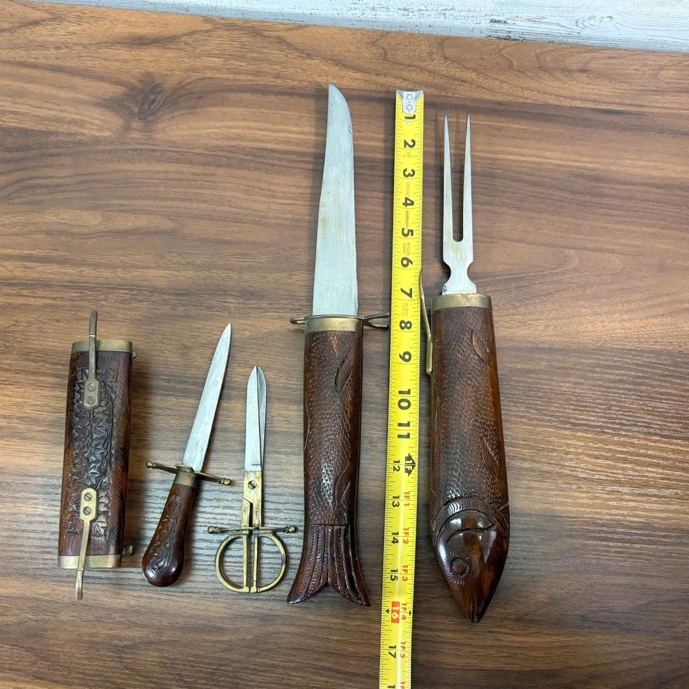 VINTAGE India Hand Carved Wood and Brass Letter Opener Scissors and Knife Set